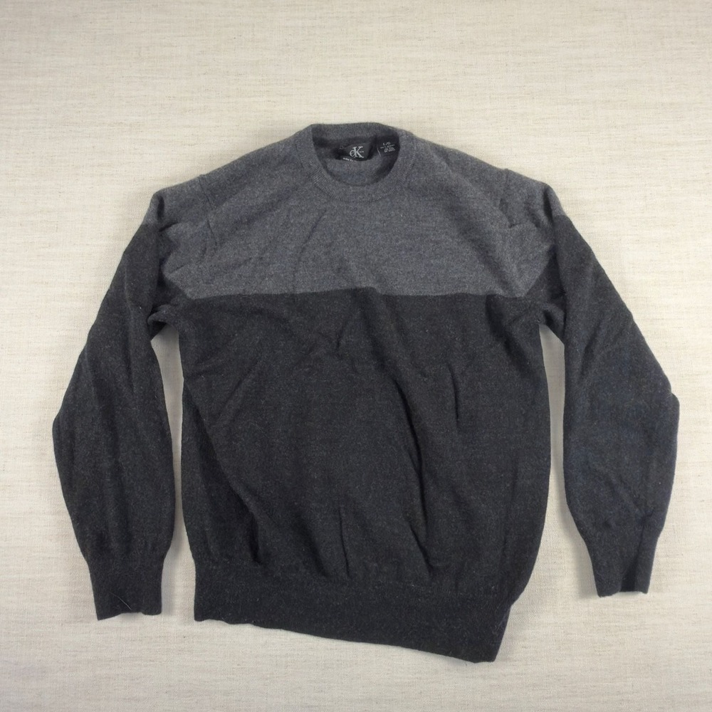 Calvin Klein Merino Wool Sweater Mens L Black Gray Colorblock Crew Neck 100%